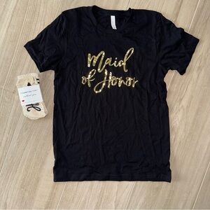 Black Maid of Honor T-Shirt with Gold Lettering and Maid of Honor Socks Pairing